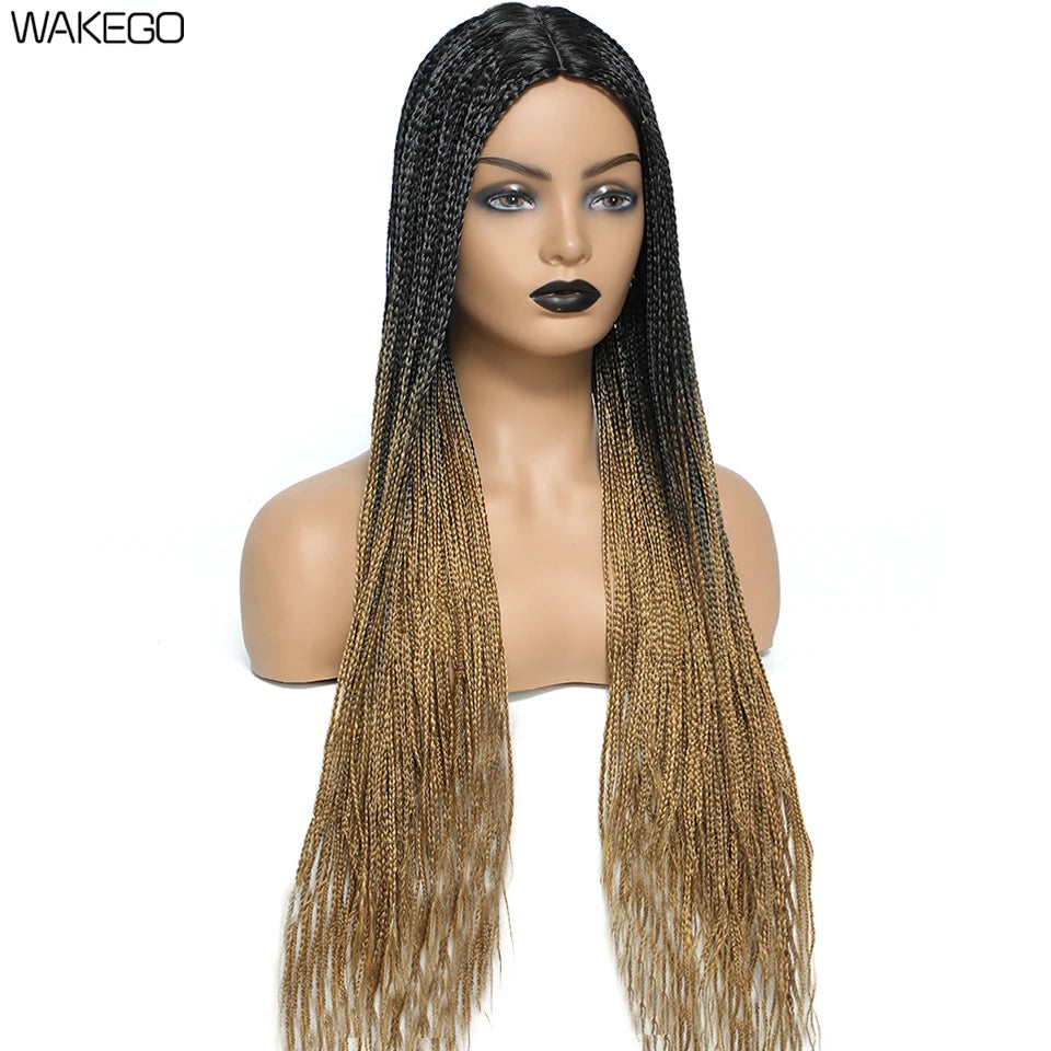 Wakego 26 Inch Ombre Box Braided Wigs For Black Women Braided Wig Fake Scalp Heat Resistant Braiding Hair Wig Peruca Sintetica