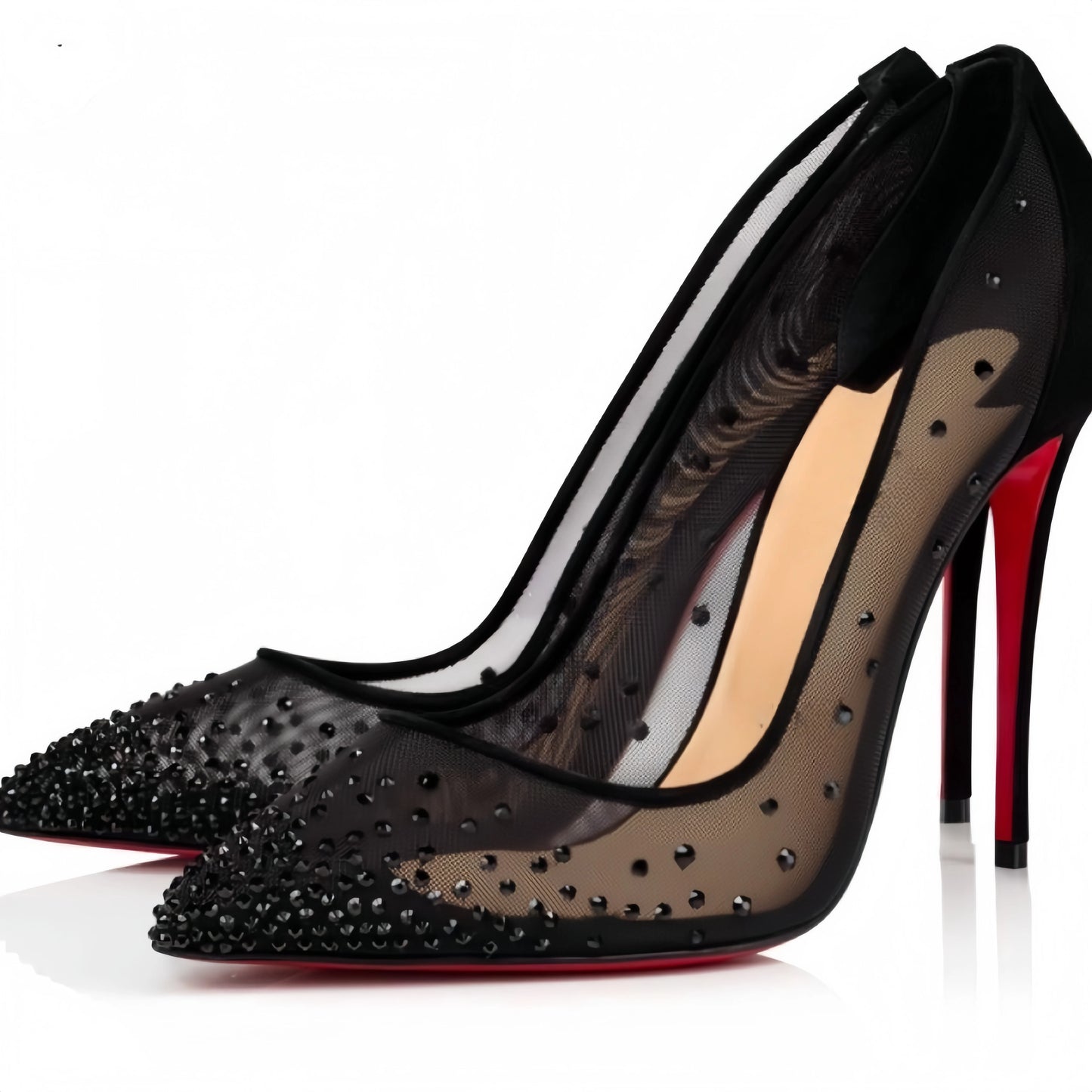 Women's Crystal Mesh Pointed Toe Stiletto Heels | Black Sheer Red Sole Pumps | Elegant Party Wedding Dress Shoes Red Bottom