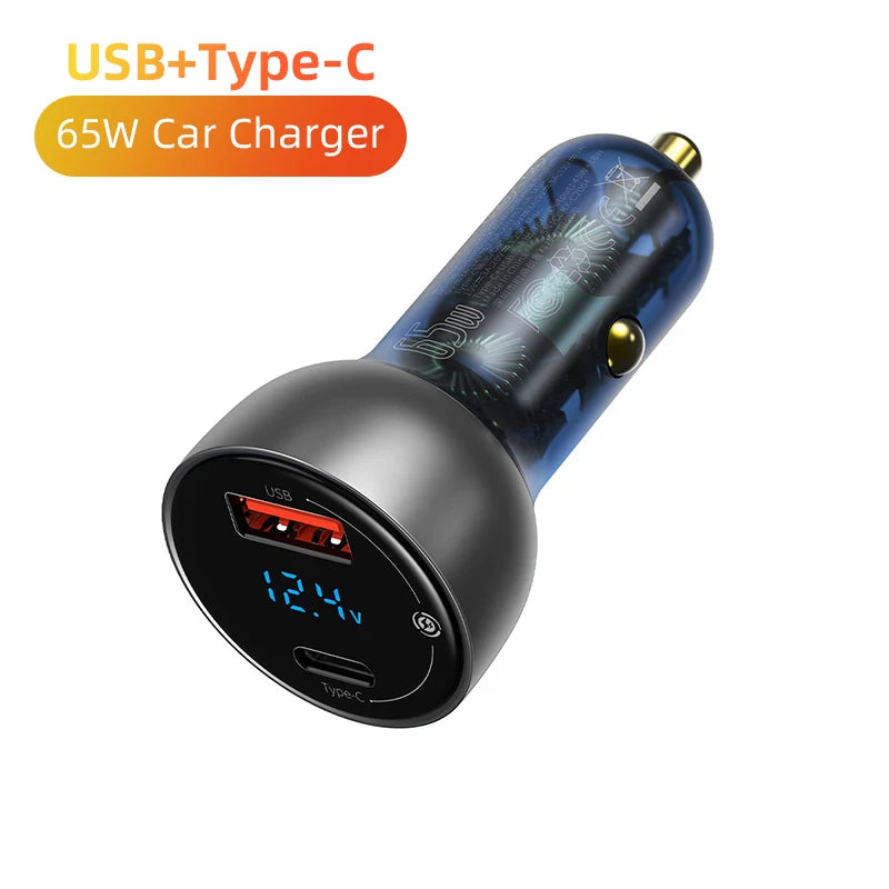 Baseus USB C Car Charger 65W Fast Charging Quick Charger 4.0 QC PD 3.0 Type C Car Charger For iPhone 14 Pro Xiaomi POCO MacBook