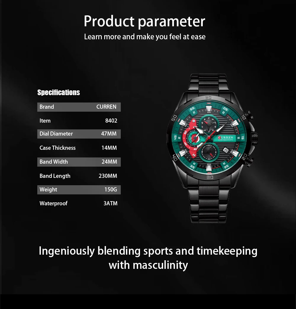 CURREN 8402 Stainless Steel Business Waterproof Chronograph Wristwatch Sport Clock Quartz Watch for Men Relogio Masculino Reloj