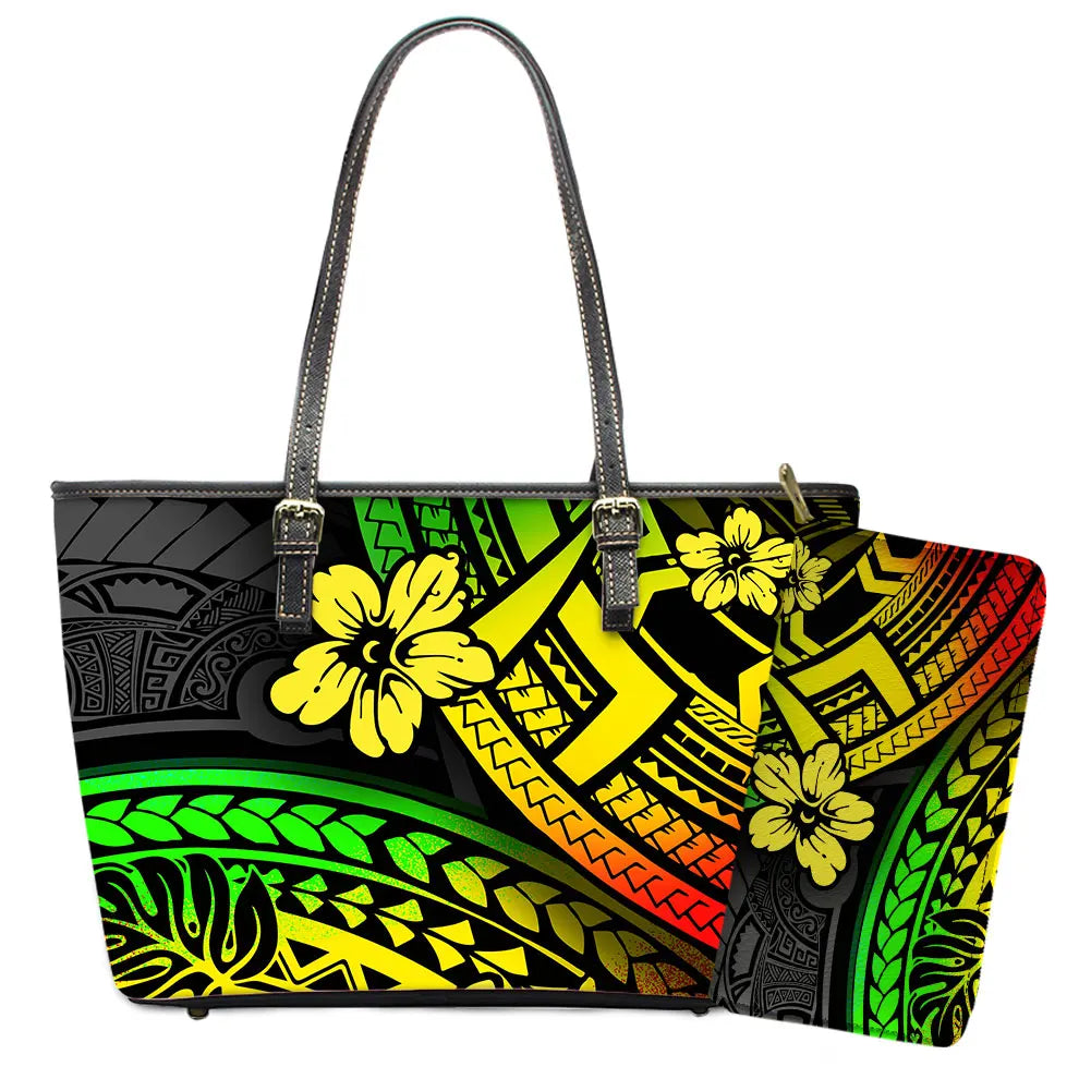 Elegant Polynesian Tribal Hawaii Tropical Leather Purses with Zipper Wallet Luxury Ladies Tote Bag Custom Women's Shoulder Bag