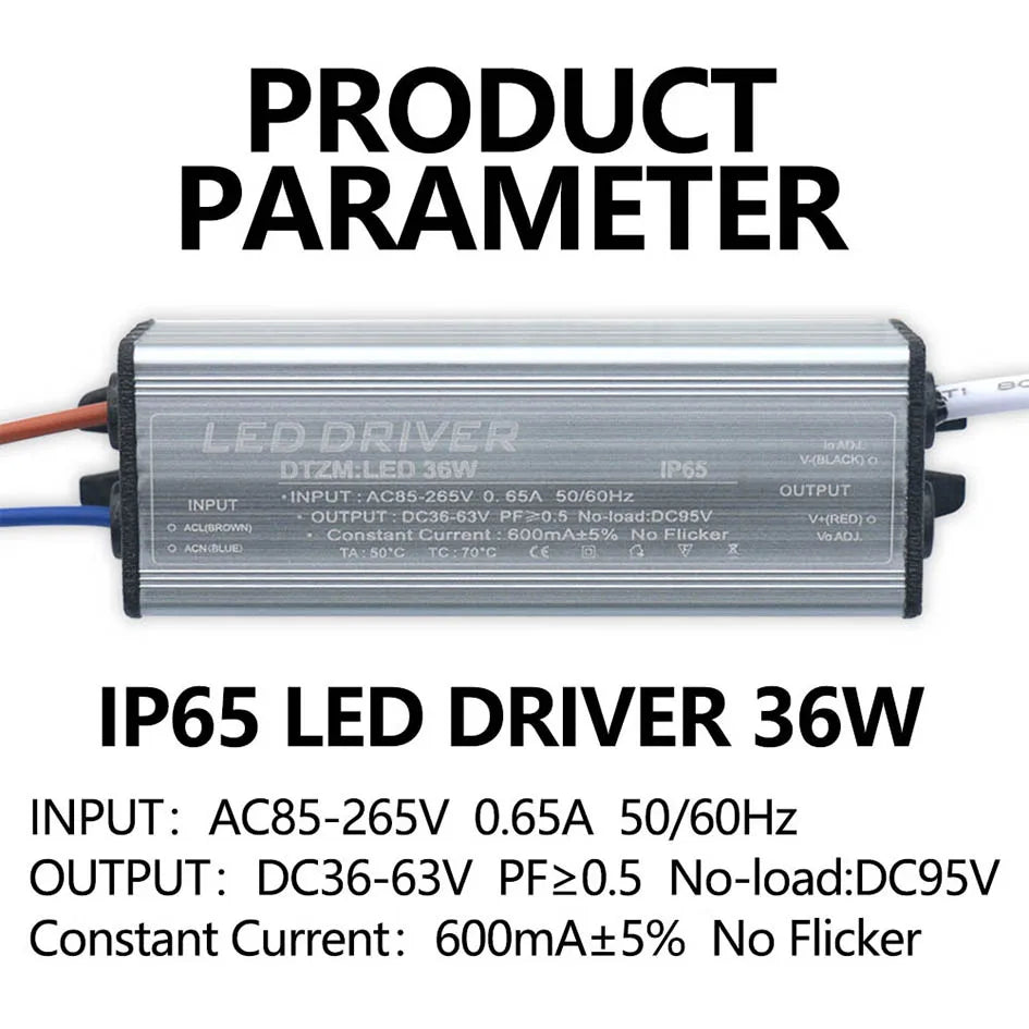 AC85-265V LED Driver Accessories 600mA 36W For LEDs Power Supply Lighting Transformers For Outdoor Waterproof IP65 Output 36-65V