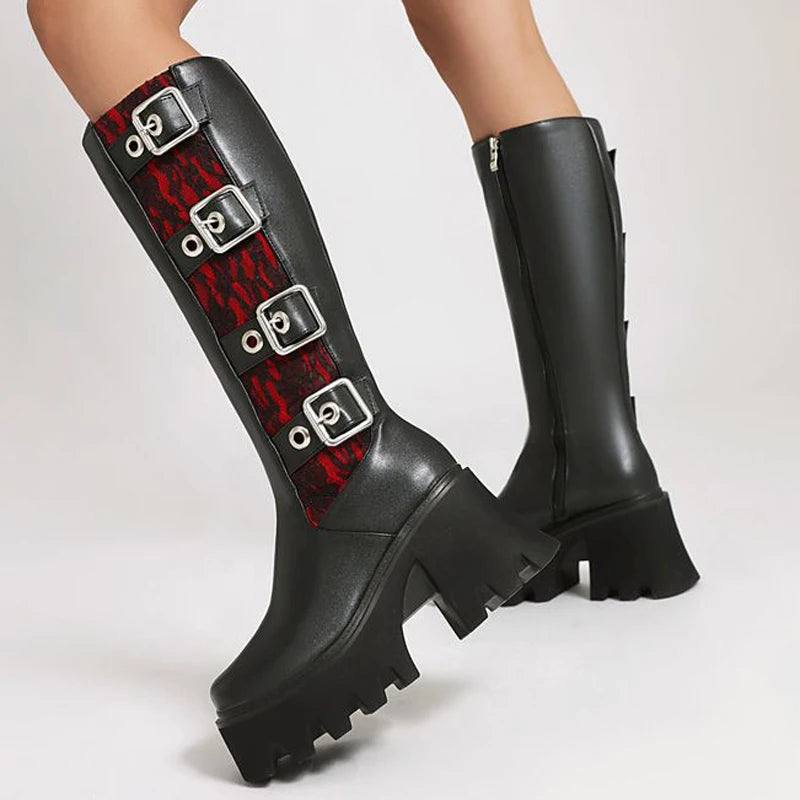 Metal Buckles Chunky Heels Women Knee High Boots Thick Sole Square Toe Long Booties Side Zipper Platform Lace Patchwork Shoes