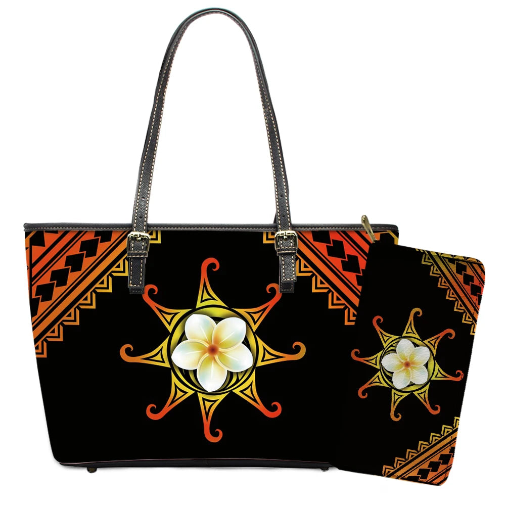 Elegant Polynesian Tribal Hawaii Tropical Leather Purses with Zipper Wallet Luxury Ladies Tote Bag Custom Women's Shoulder Bag
