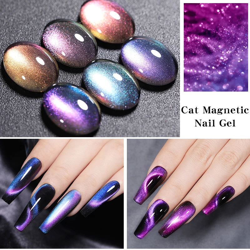 LILYCUTE 7Pcs/Set Cat Magnetic Gel Nail Polish Sparking Semi-Transparent Blue Purple Effect Soak Off UV Gel Varnish Nail Art Kit
