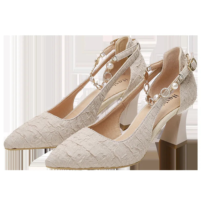 Fashion Women's High Heel Sandals Mature Ladies Thick Heel Pointy Toe Shoes Pearls Chain Casual Shoes for Woman Dressy Sandals