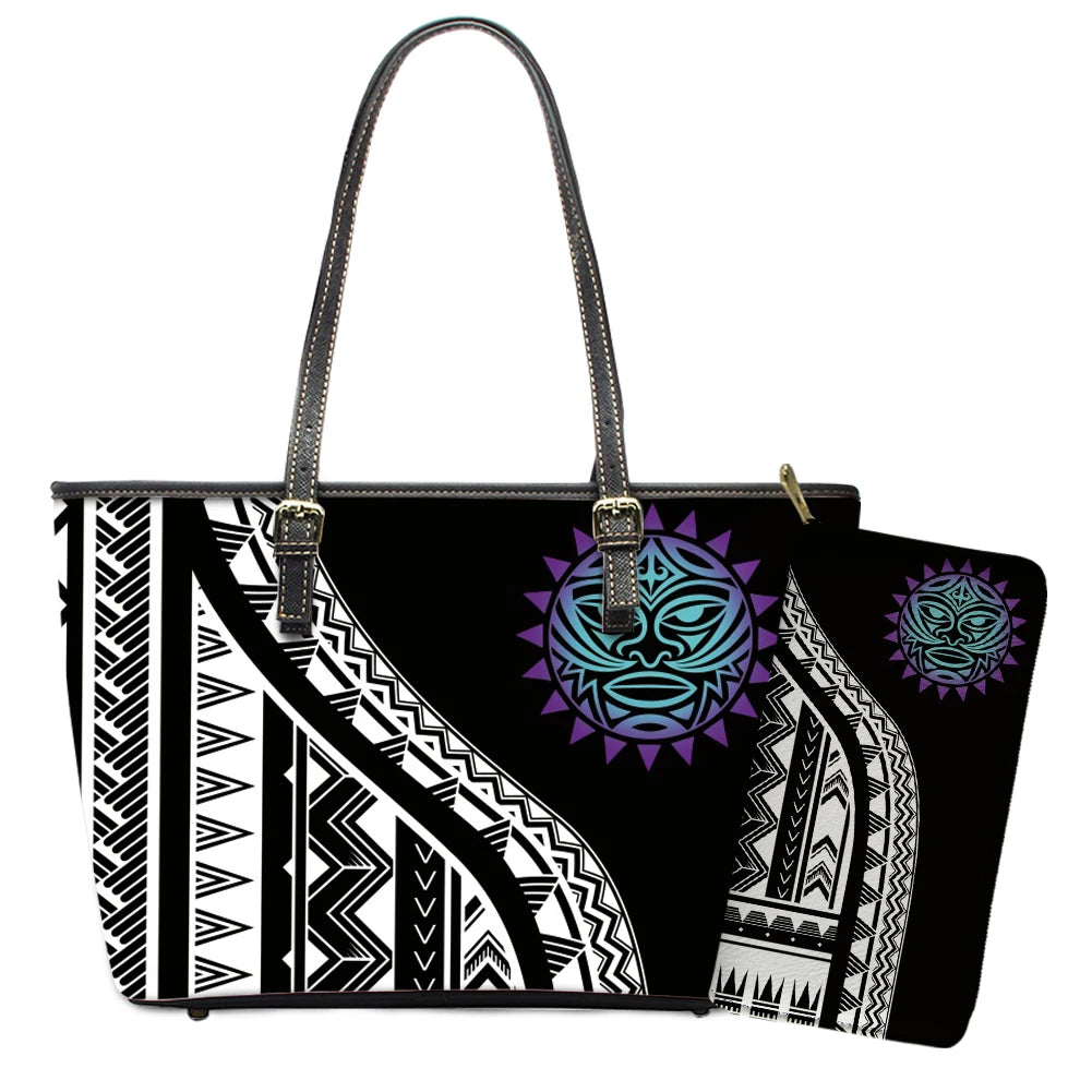 Elegant Polynesian Tribal Hawaii Tropical Leather Purses with Zipper Wallet Luxury Ladies Tote Bag Custom Women's Shoulder Bag