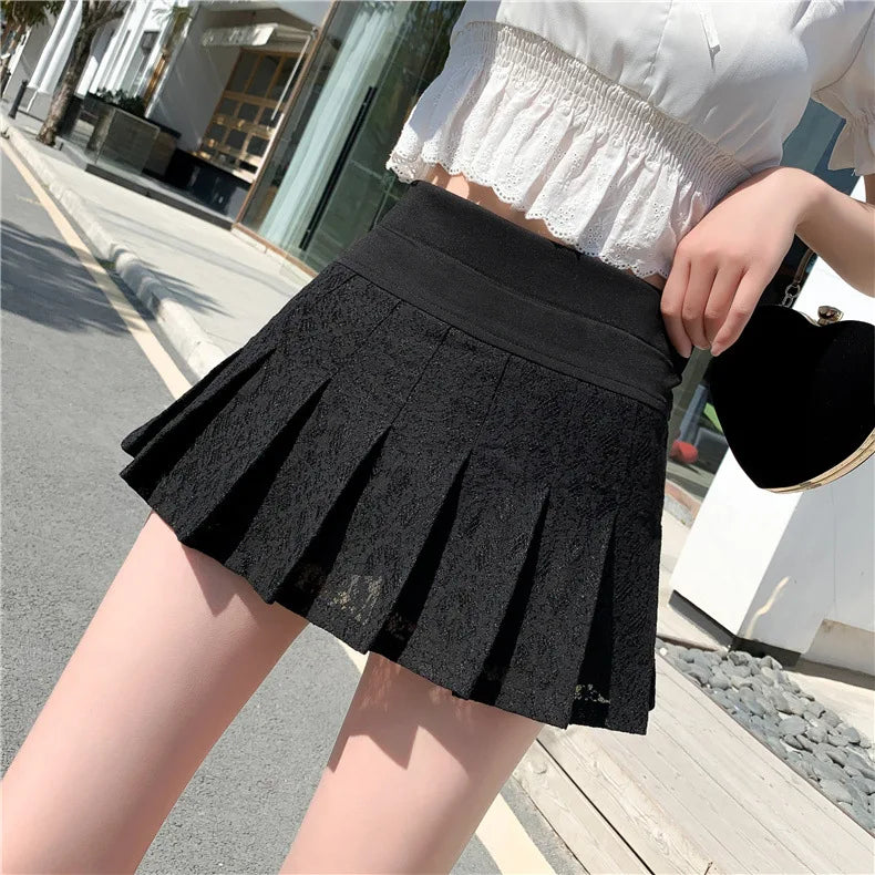 A Line Mini Skirt New Ultra-short Mini Pants Elastic Waist Joker Lace Pleated  Sexy  Fashion Black White Skirt