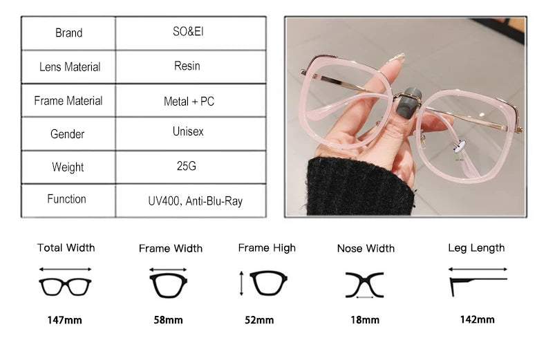 SO&EI Fashion Oversized Square Women Glasses Frame Vintage Clear Anti-Blu-Ray Eyewear Men Optical Pink Frame Computer Goggle