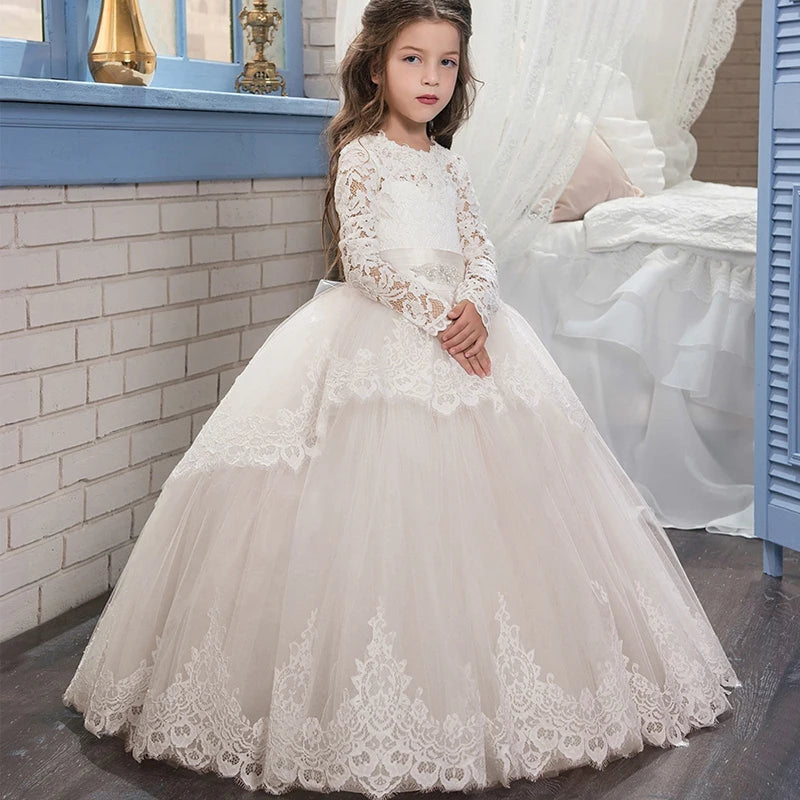 Long Sleeves Lace Blush Pink Baby Girl Summer Clothes Kid Dresses Toddler Girl Ball Gown For Wedding Party vestidos de comunion