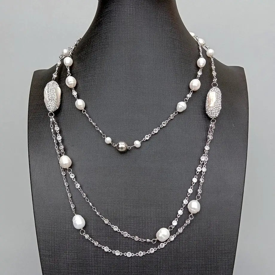 KKGEM Cultured White Biwa Pearl cz pave white gold plated bezel set Sweater chain Necklace Long Fashion Jewelry 40"