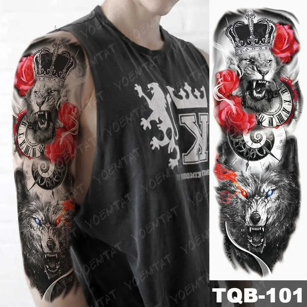 Large Arm Sleeve Tattoo Forest Angel Wolf Lion Waterproof Temporary Tatto Sticker Crown Skull Body Art Full Fake Tatoo Women Men