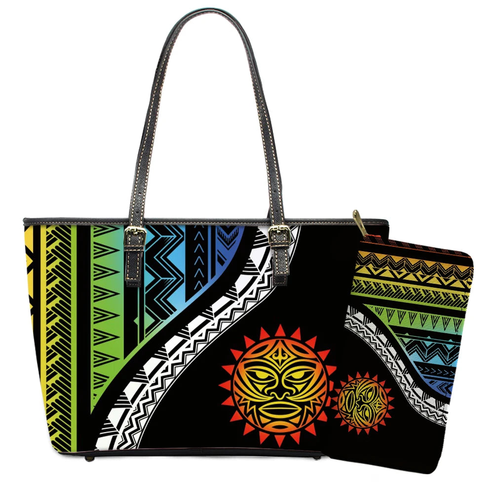 Elegant Polynesian Tribal Hawaii Tropical Leather Purses with Zipper Wallet Luxury Ladies Tote Bag Custom Women's Shoulder Bag