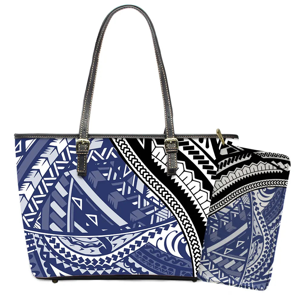 Elegant Polynesian Tribal Hawaii Tropical Leather Purses with Zipper Wallet Luxury Ladies Tote Bag Custom Women's Shoulder Bag