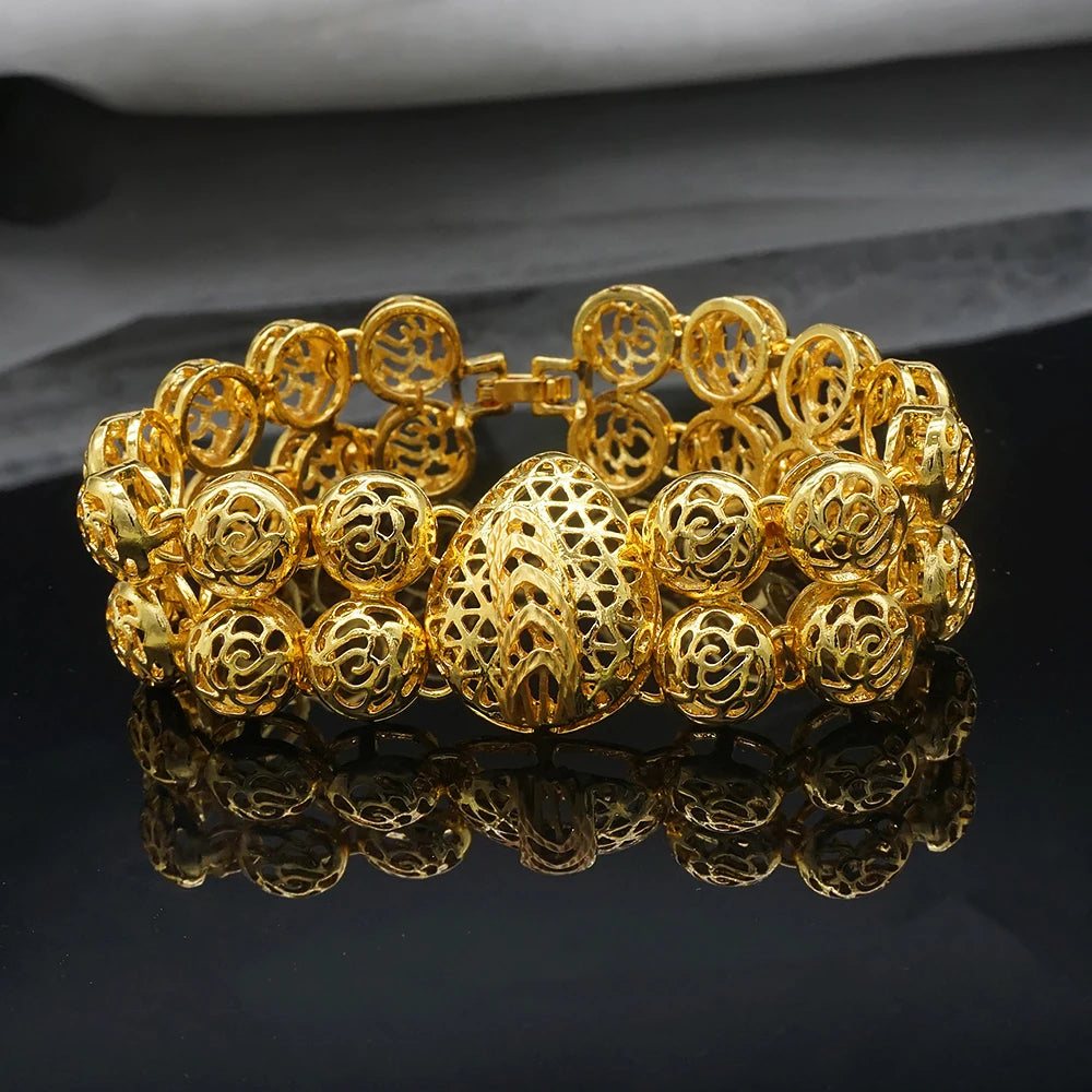 African Gold Color Long Necklace/Earrings/Ring Big Jewelry Set Women Arab Jewelry Wedding Accessories