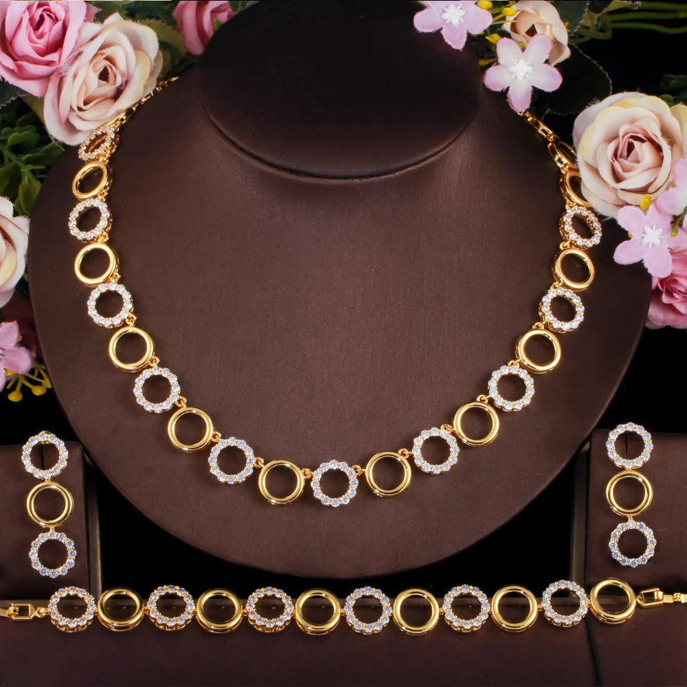 ThreeGraces 3Pcs Gorgeous CZ Gold Color Circle Link Chain Bracelet Necklace Earrings Jewelry Set Women Party Accessories TZ596