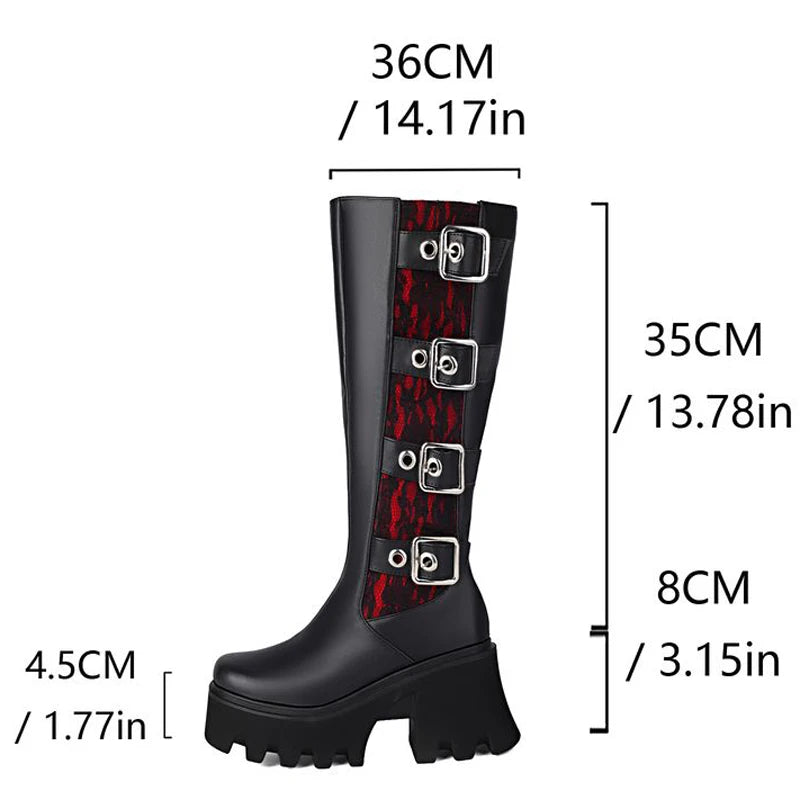 Metal Buckles Chunky Heels Women Knee High Boots Thick Sole Square Toe Long Booties Side Zipper Platform Lace Patchwork Shoes