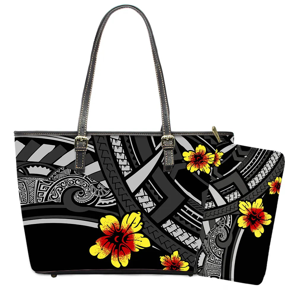 Elegant Polynesian Tribal Hawaii Tropical Leather Purses with Zipper Wallet Luxury Ladies Tote Bag Custom Women's Shoulder Bag