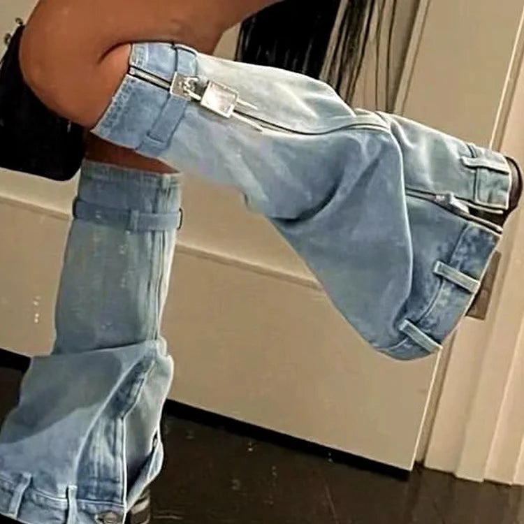 Platform Botas Alto Height Increasing Zipper Lock Decorated Cut Pants Jeans Denim Boots for Woman