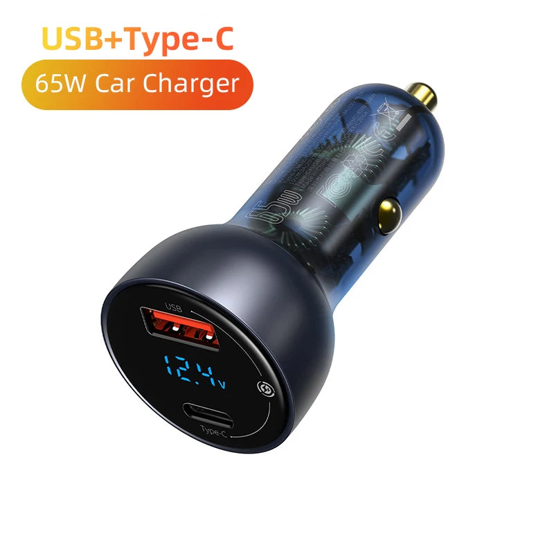 Baseus USB C Car Charger 65W Fast Charging Quick Charger 4.0 QC PD 3.0 Type C Car Charger For iPhone 14 Pro Xiaomi POCO MacBook