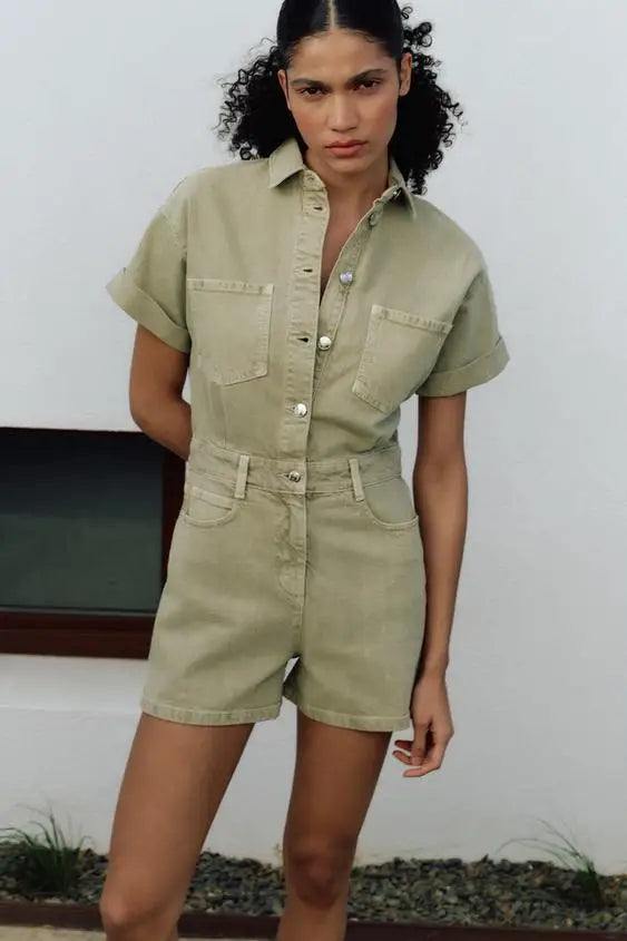 KP&ZA Vintage Summer Women's Casual Slim Denim Overalls Washed Technique Waist Solid 1879039 Rolled Sleeve Lapel Button