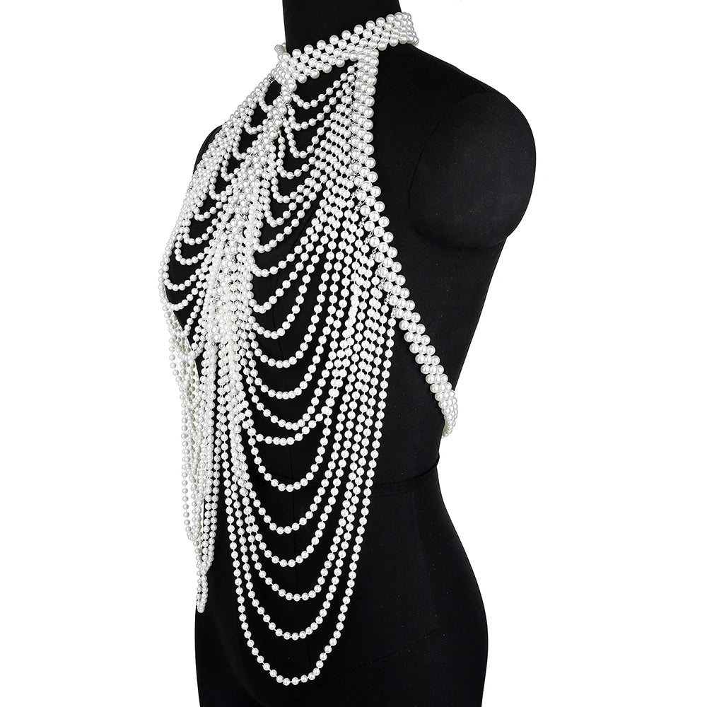 Sexy Women Pearl Shawl Necklaces Collar Shoulder Long Chain Pendants Necklaces Sweater Chain Wedding Dress Jewelry Accessories