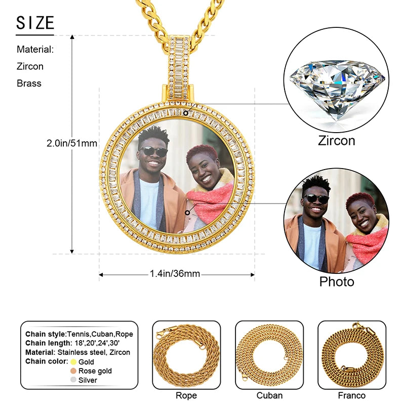 Customized Necklace Pendant Round Photo Medallions Necklace Men‘s Hip Hop Jewelry Personalized Custom Name Engraved Pendant Gift
