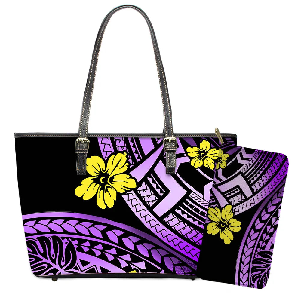 Elegant Polynesian Tribal Hawaii Tropical Leather Purses with Zipper Wallet Luxury Ladies Tote Bag Custom Women's Shoulder Bag