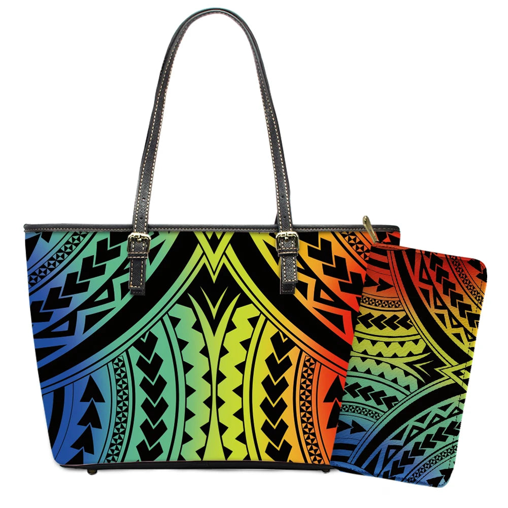 Elegant Polynesian Tribal Hawaii Tropical Leather Purses with Zipper Wallet Luxury Ladies Tote Bag Custom Women's Shoulder Bag