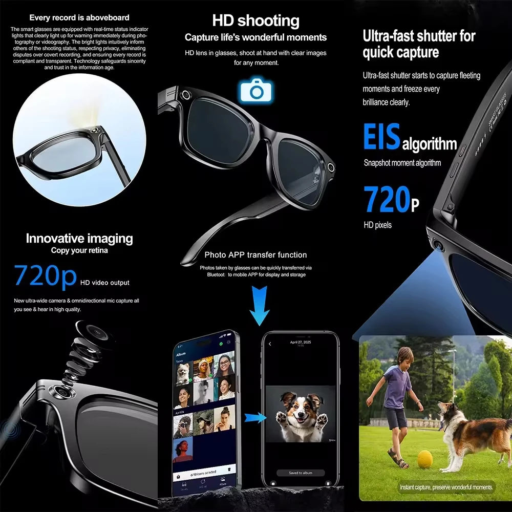 Smart Eyewear Music Audio Meta Glasses Smart Headphone Sunglasses Lenses AI Translate Wireless Smart Sunglasses with Camera