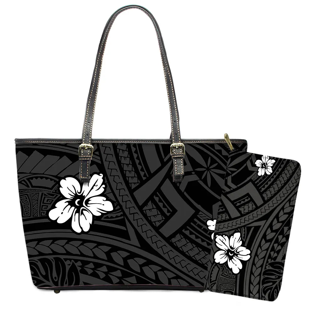 Elegant Polynesian Tribal Hawaii Tropical Leather Purses with Zipper Wallet Luxury Ladies Tote Bag Custom Women's Shoulder Bag