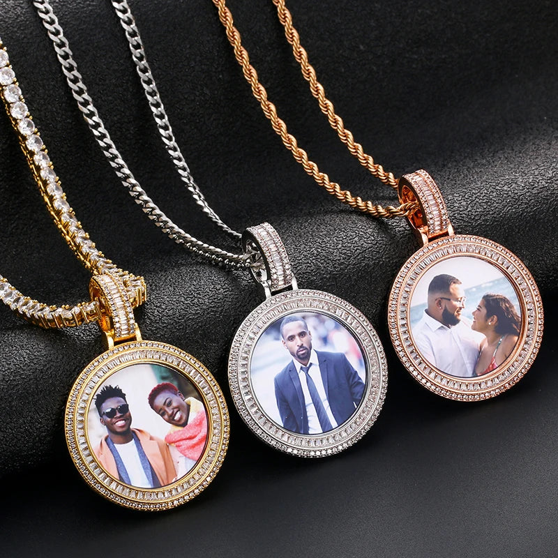 Customized Necklace Pendant Round Photo Medallions Necklace Men‘s Hip Hop Jewelry Personalized Custom Name Engraved Pendant Gift