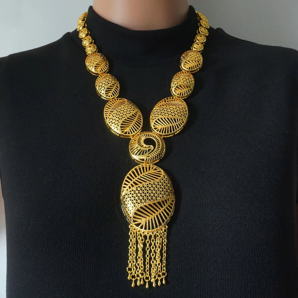 African Gold Color Long Necklace/Earrings/Ring Big Jewelry Set Women Arab Jewelry Wedding Accessories