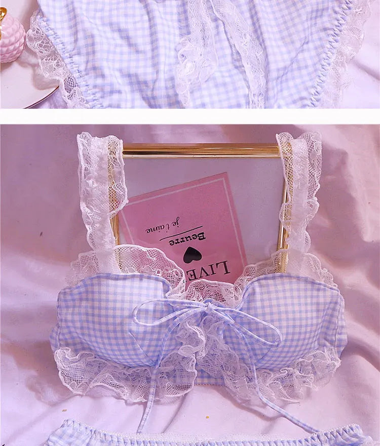Girl Sweet Cute Wire Free Comfortable Bra Set Animie Lolita Women Underwear Suit Sexy Lace Plaid Kawaii Bra and Panty Set