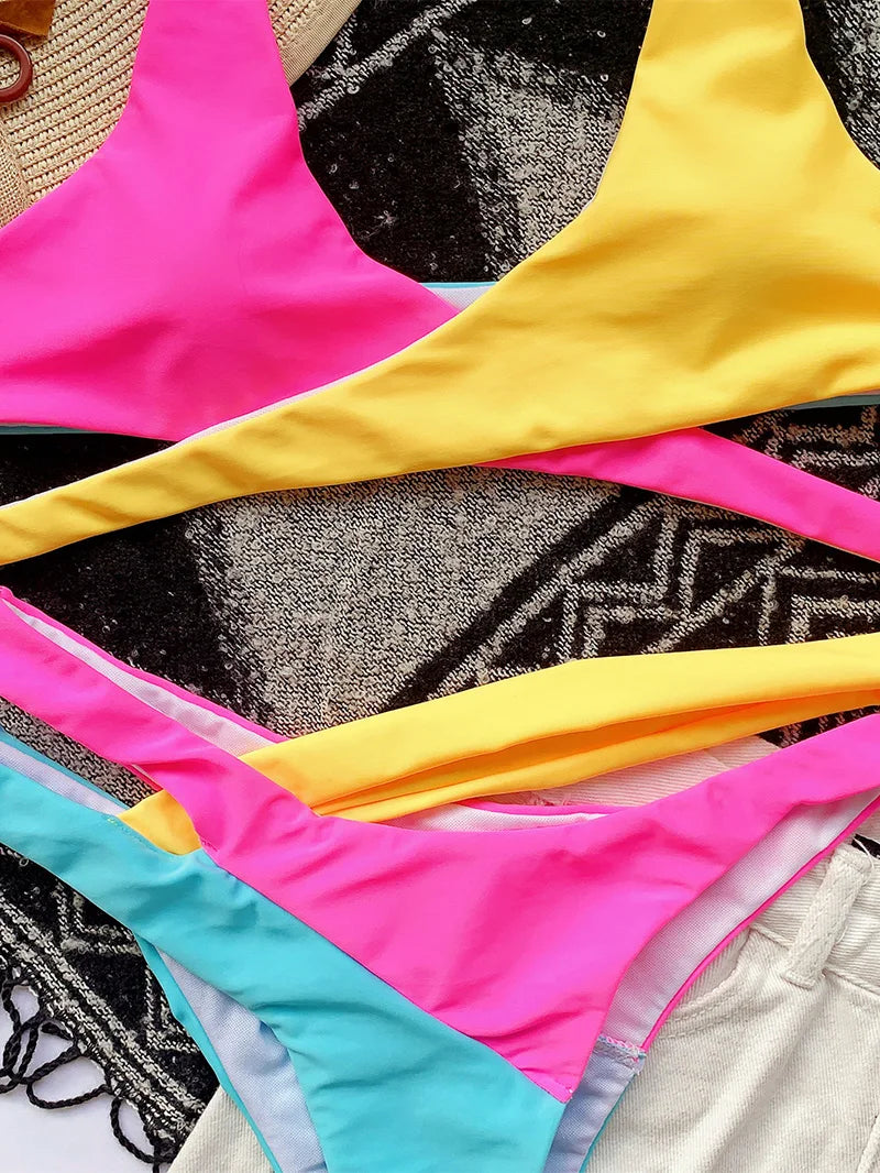 Sexy Splicing Cross Bandage Thong Bikini Female Swimsuit Women Swimwear Two Pieces Bikini Set Bathing Suit Swim Beach Wear Lady
