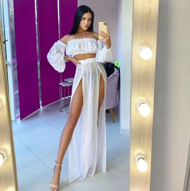 Women Summer Fashion Clothing Set Long Sleeve Off Shoulder Tops and Cover Up Skirt Two-piece Suit for Beach Vacation Travelling