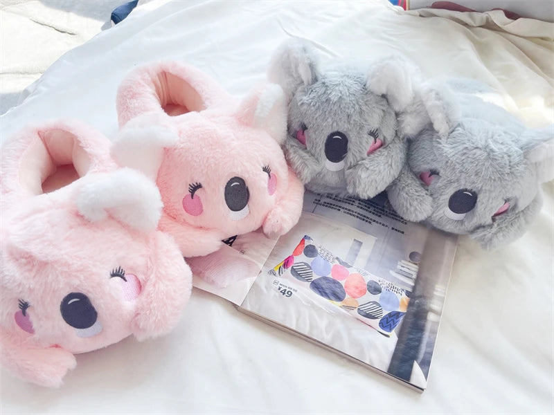 Cartoon Slippers Cute Koala Shape Home Cotton Shoes Woman Girl Warm Winter Indoor Shoes Flat Casual  Floor Non-slip Pink Grey