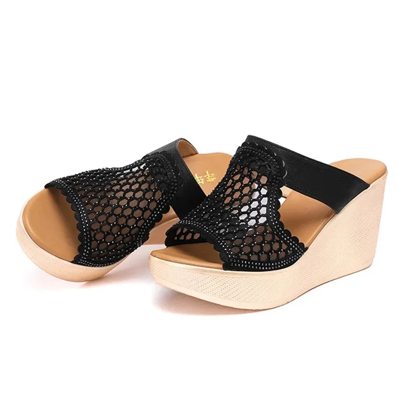 YAERNI High Heel Sandals For Women Summer Peep Toe Lace Mesh Wedge Heels Sandal Women Shoes