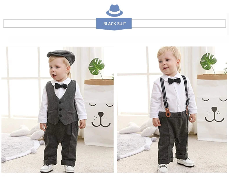 Newborn Boy Formal Clothes Set Infant Boy Gentleman Birthday Romper Outfit With Hat Vest Long Sleeve Infant Jumpsuit Suit Formal
