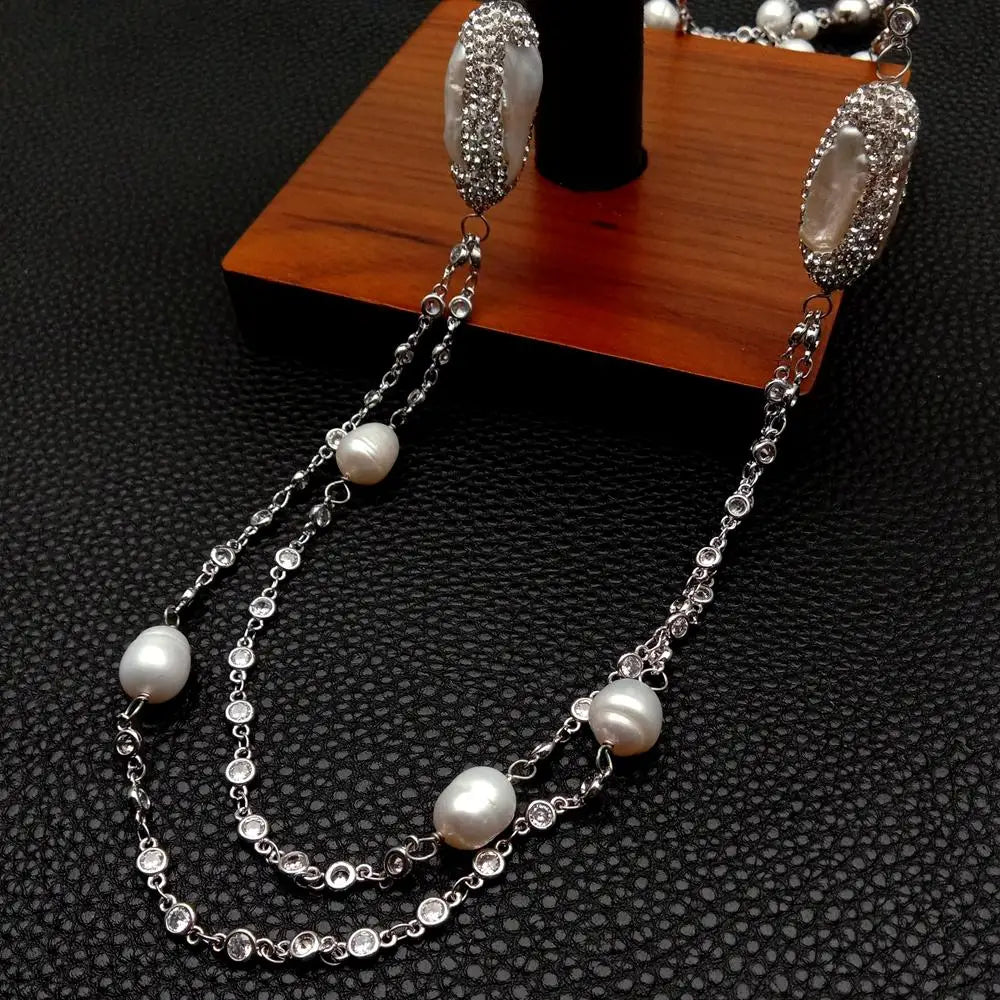 KKGEM Cultured White Biwa Pearl cz pave white gold plated bezel set Sweater chain Necklace Long Fashion Jewelry 40"