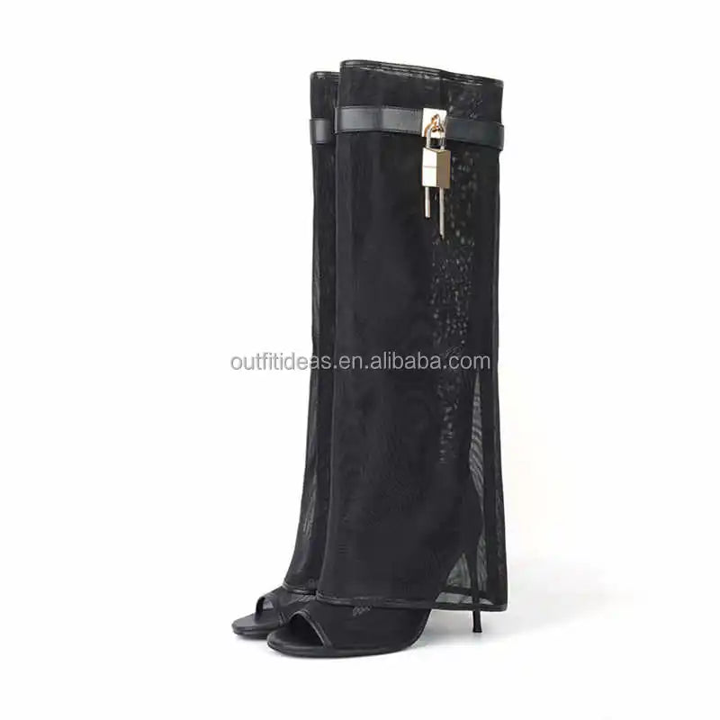 Girls Knee High Leather Boots High Heel Transparent Mesh Sandals Metal Clasp Luxury Women Shark Lock Stiletto Heel Sandal Boots