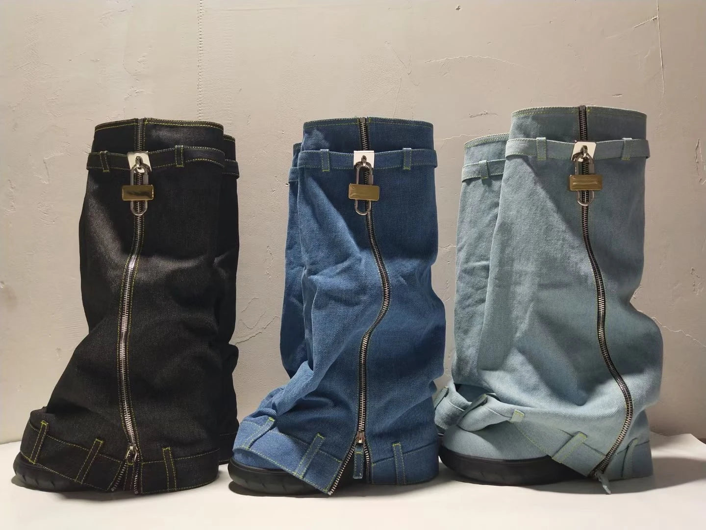 Platform Botas Alto Height Increasing Zipper Lock Decorated Cut Pants Jeans Denim Boots for Woman