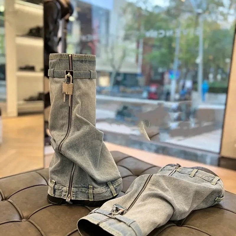 Platform Botas Alto Height Increasing Zipper Lock Decorated Cut Pants Jeans Denim Boots for Woman