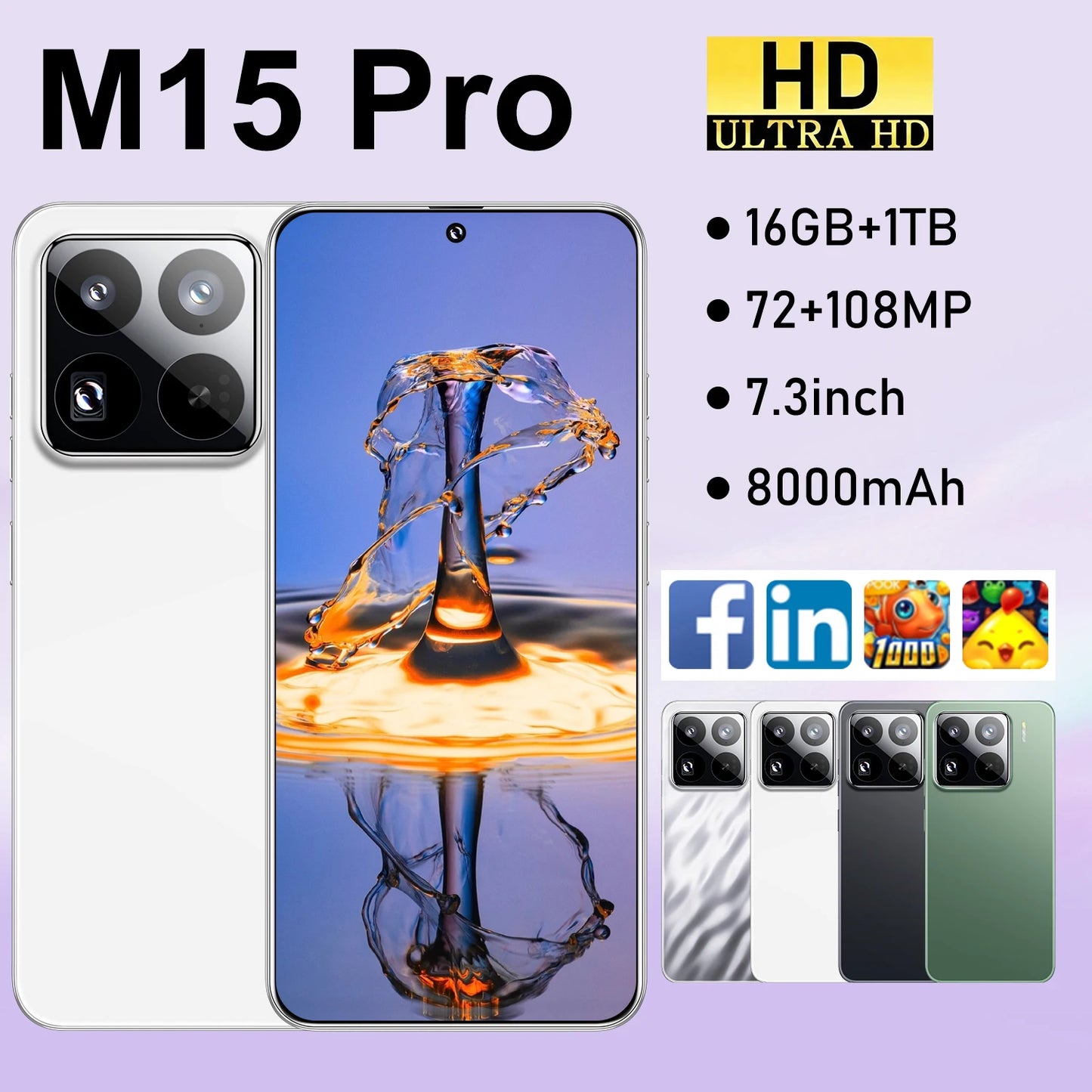 Wholesale M15 Pro 5G Smart Phone Unlocked Android 14 with Face Recognition 4G/5G 16GB+1TB Mobile Phones Cellphone
