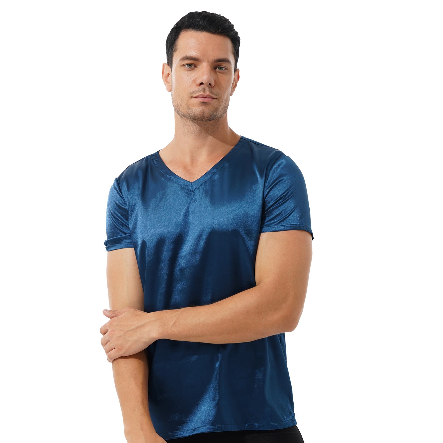 Mens Male Clothing V Neck Short Sleeve Satin Casual Comfortable T-Shirt Loose Pajamas Tops Loungewear Sleepwear Nightwear