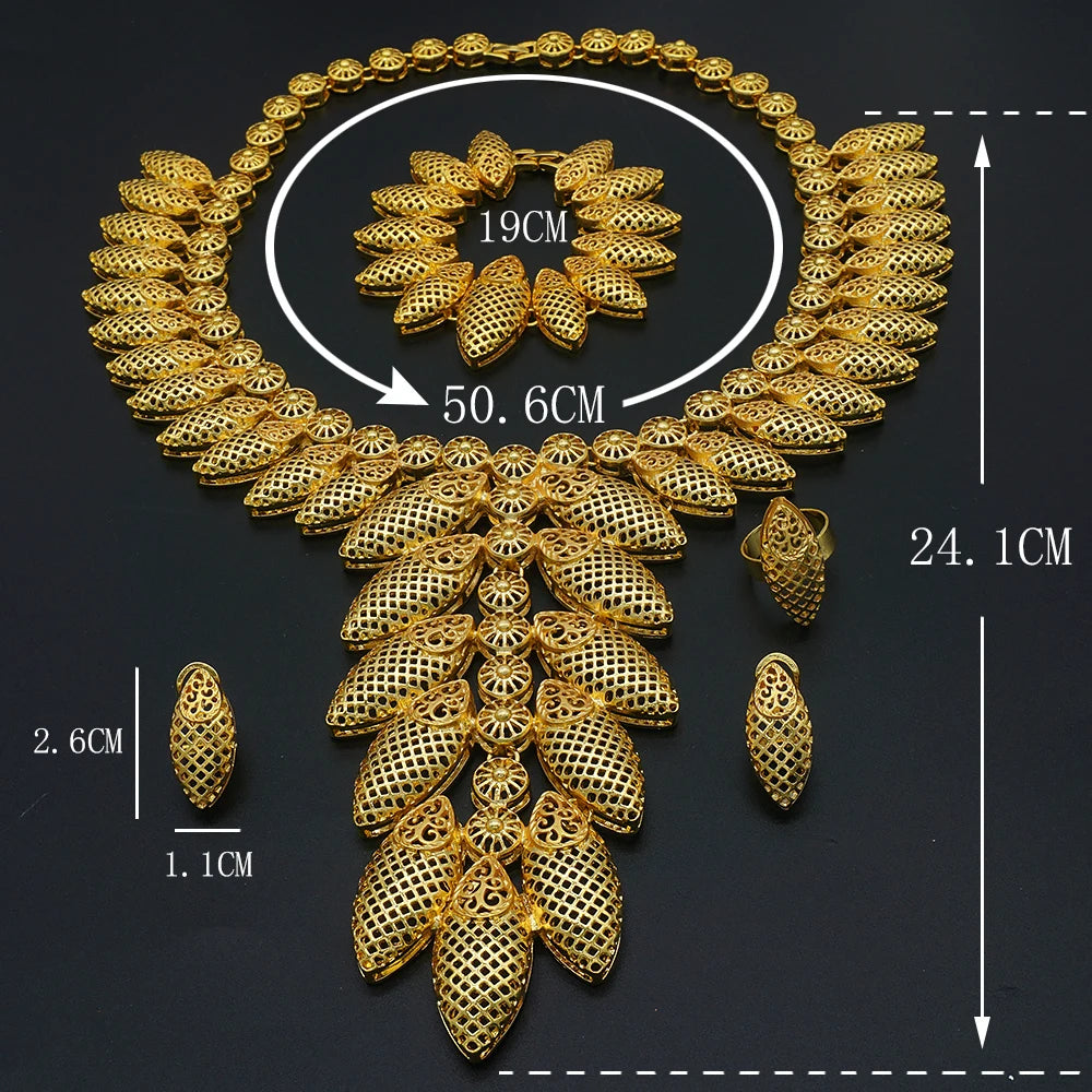 African Gold Color Long Necklace/Earrings/Ring Big Jewelry Set Women Arab Jewelry Wedding Accessories