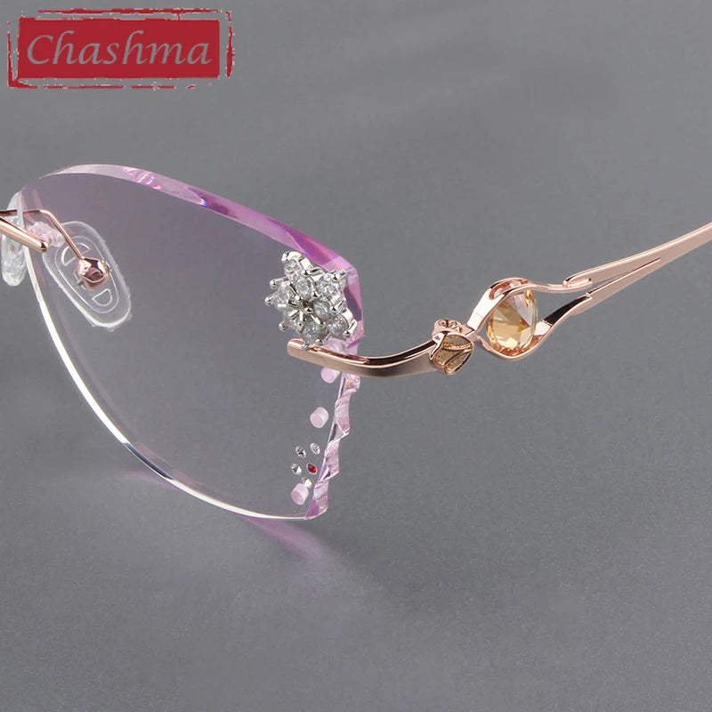 Butterfly Female Eye Glasses Titanium Gray Red Lens Diamond Trimmed Rimless Spectacle Frames Women Sunglasses Tint Lenses