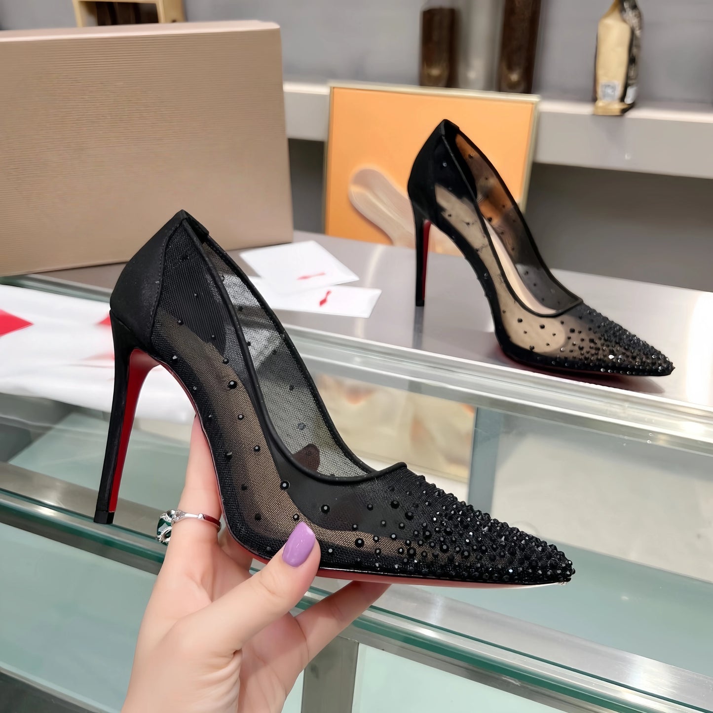 Women's Crystal Mesh Pointed Toe Stiletto Heels | Black Sheer Red Sole Pumps | Elegant Party Wedding Dress Shoes Red Bottom