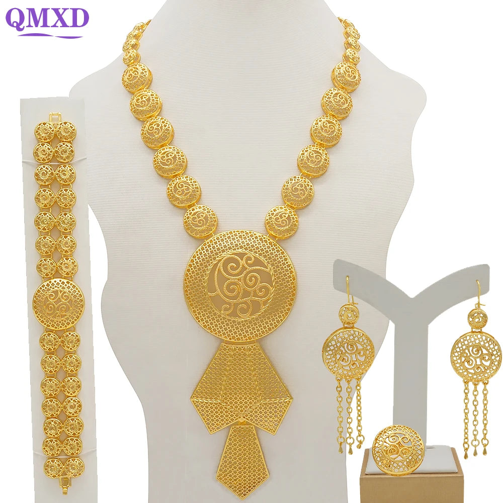 African Gold Color Long Necklace/Earrings/Ring Big Jewelry Set Women Arab Jewelry Wedding Accessories