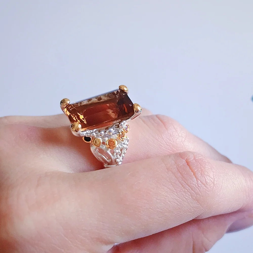 DreamCarnival1989 Crown Design Wedding Ring for Women Two-Tone Sparkling Brown Zirconia Elegant Factory Direct WA11715